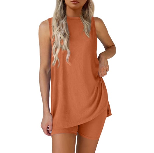 Conjuntos de 2 piezas para mujer de cuello redondo sin mangas, conjunto de pantalones cortos a juego de verano, atuendo de viaje para aeropuerto, resort, dobladillo dividido, ropa casual, ropa básica ajustada para el hogar