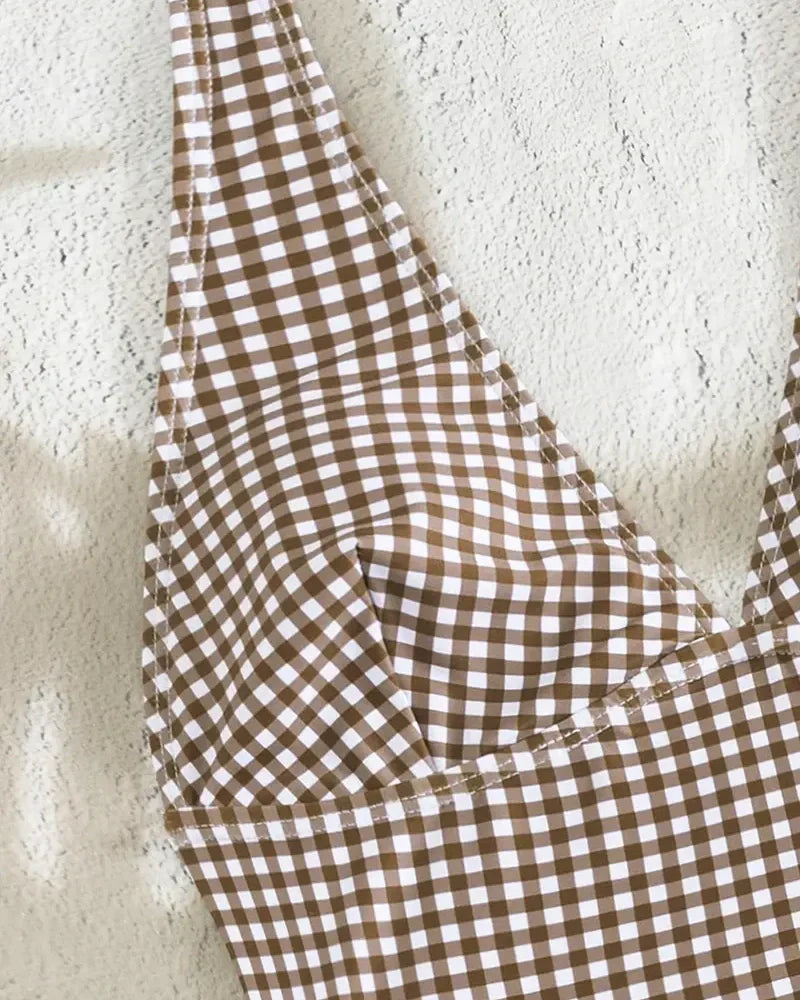 Women's Plaid Bikini Set - Retro Halter Top Swimsuit
