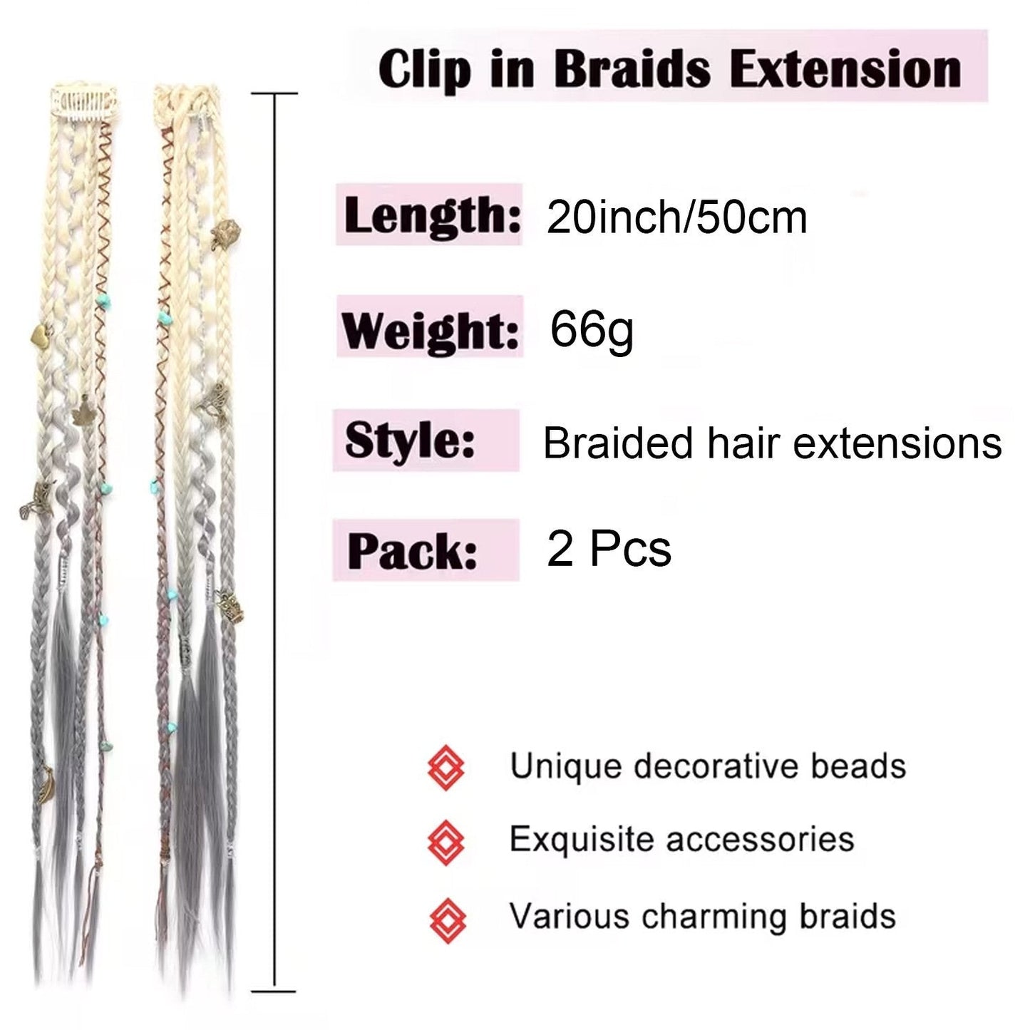 Boho Dreadlock Clip in Hair Extensions with Beads and Charms