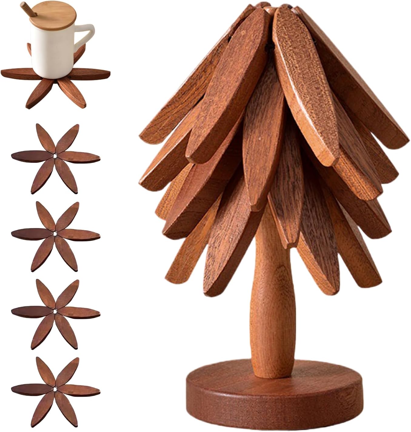 ✨🎄Natural Tree Trivet Set - 4 Wooden Trivets & 1 Stand Like a Christmas Tree🎄