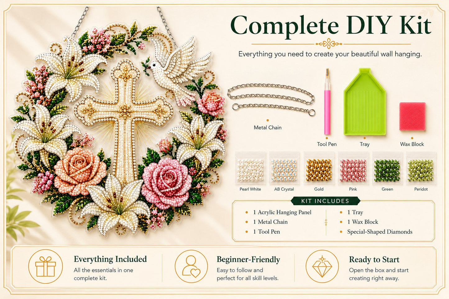 ✝️💐 Kit de adornos colgantes de arte de diamantes de cruz, flores y paloma – Una manualidad relajante llena de fe y paz ✨🙏