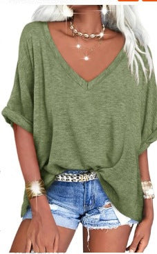 Women's V Neck Oversized T-Shirt Loose Fit Casual Short Sleeve Summer Tops Loose Basic Tee