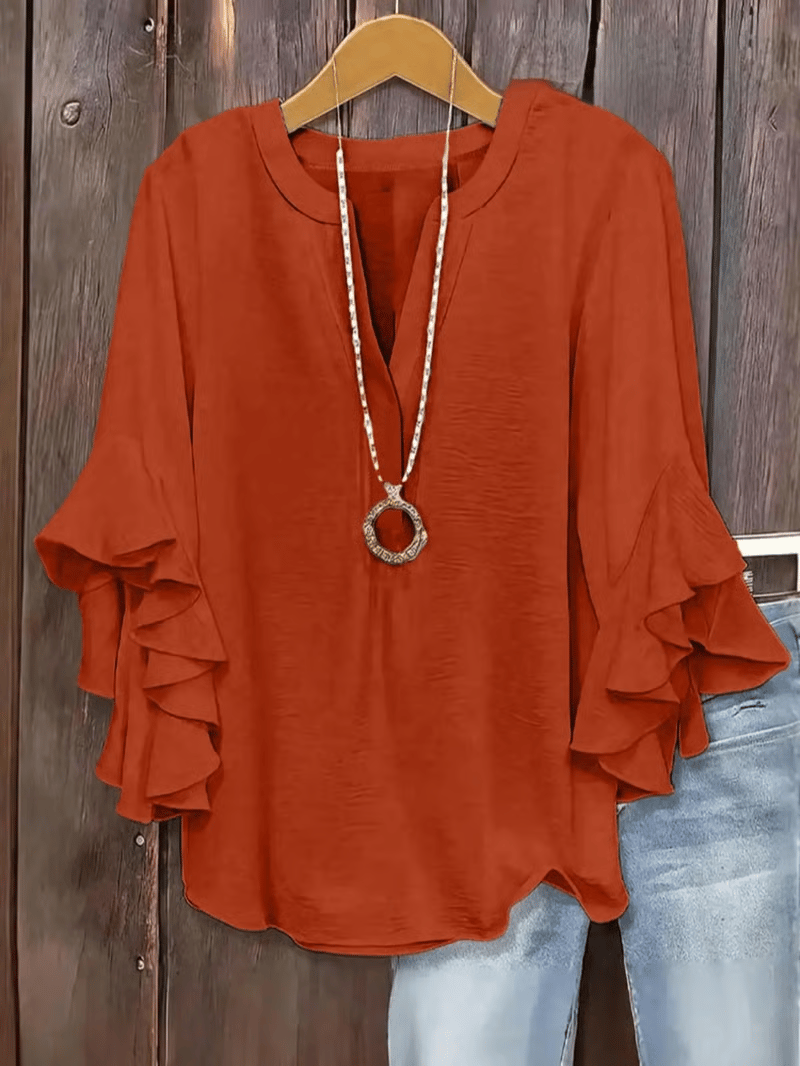 🔥Plus Size Women's Ruffle Sleeve V-Neck Shirt, Elegant Floral Design, Comfortable and Stylish, Perfect for Casual Wear