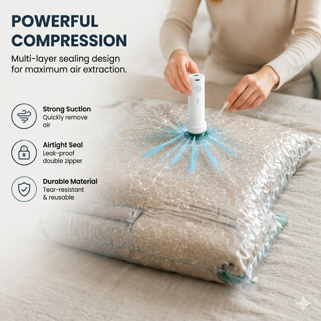Cordless Travel Vacuum Bag Set, Save 80% of luggage space immediately