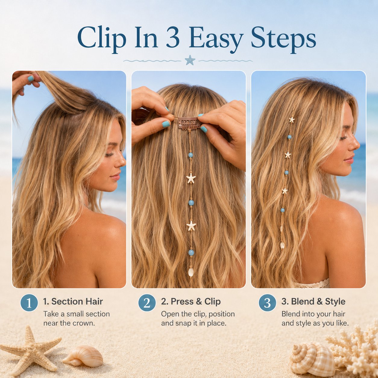 🎉🌊⭐Beachy Mermaid Hair Accent Clip (Featuring blue bead accents, starfish, and shell charms)