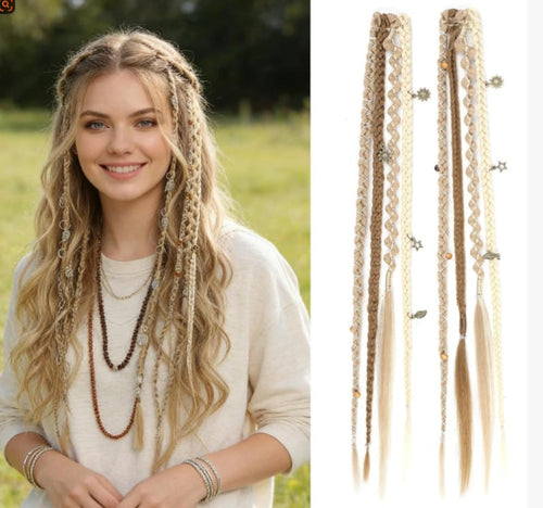 Boho Dreadlock Clip in Hair Extensions with Beads and Charms