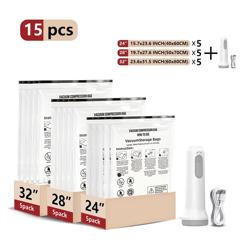 Cordless Travel Vacuum Storage Compression Bag Set – 15-Pack in 3 Sizes – USB Rechargeable Handheld Pump with Built-In Battery