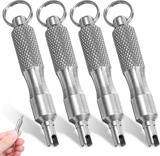 🔧 Paquete de 4 herramientas de extracción de núcleos de válvula de acero inoxidable | Kit portátil de reparación de neumáticos con llavero