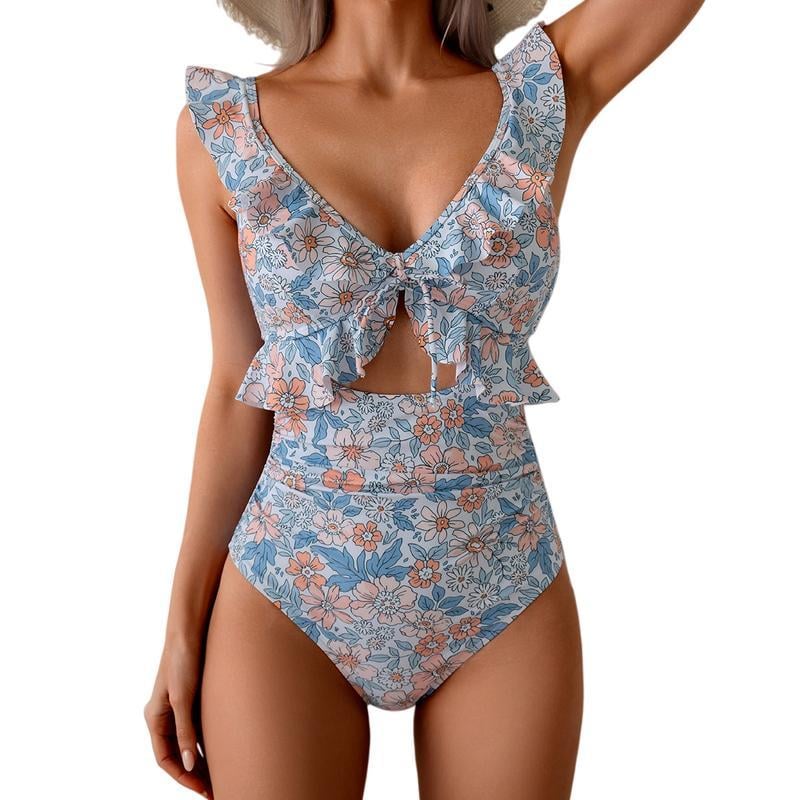 🏖️Summer Hot Sale 🌊Women’s Tummy-Control One-Piece Swimsuit💃Flattering V-Neck🩱Ruched Slimming Design🌸Elegant Ruffle & Chic Cut-Out 💕