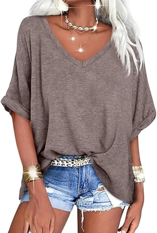 Women's V Neck Oversized T-Shirt Loose Fit Casual Short Sleeve Summer Tops Loose Basic Tee