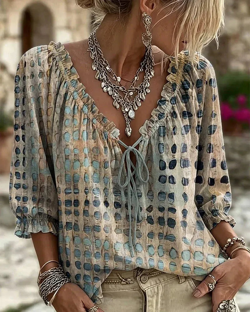 Women 3/4 Sleeve V-Neck Polka Dot Lace Up Blouse