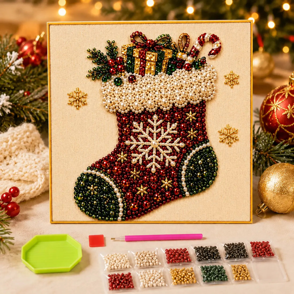 Frameless 3D Beaded Christmas Pearl Diamond Painting, Xmas Wreath Stocking Mosaic Art🎄