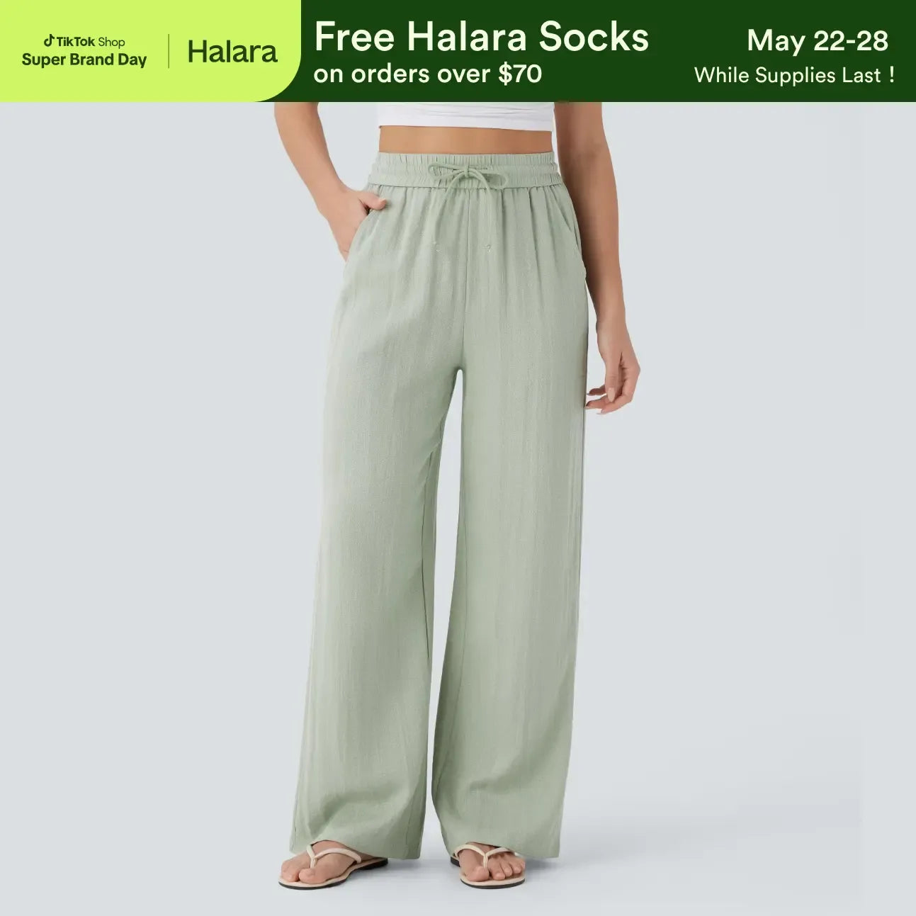 Halara High Waisted Drawstring Pocket Wide Leg Casual Linen-Feel Pants