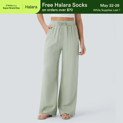 Halara High Waisted Drawstring Pocket Wide Leg Casual Linen-Feel Pants