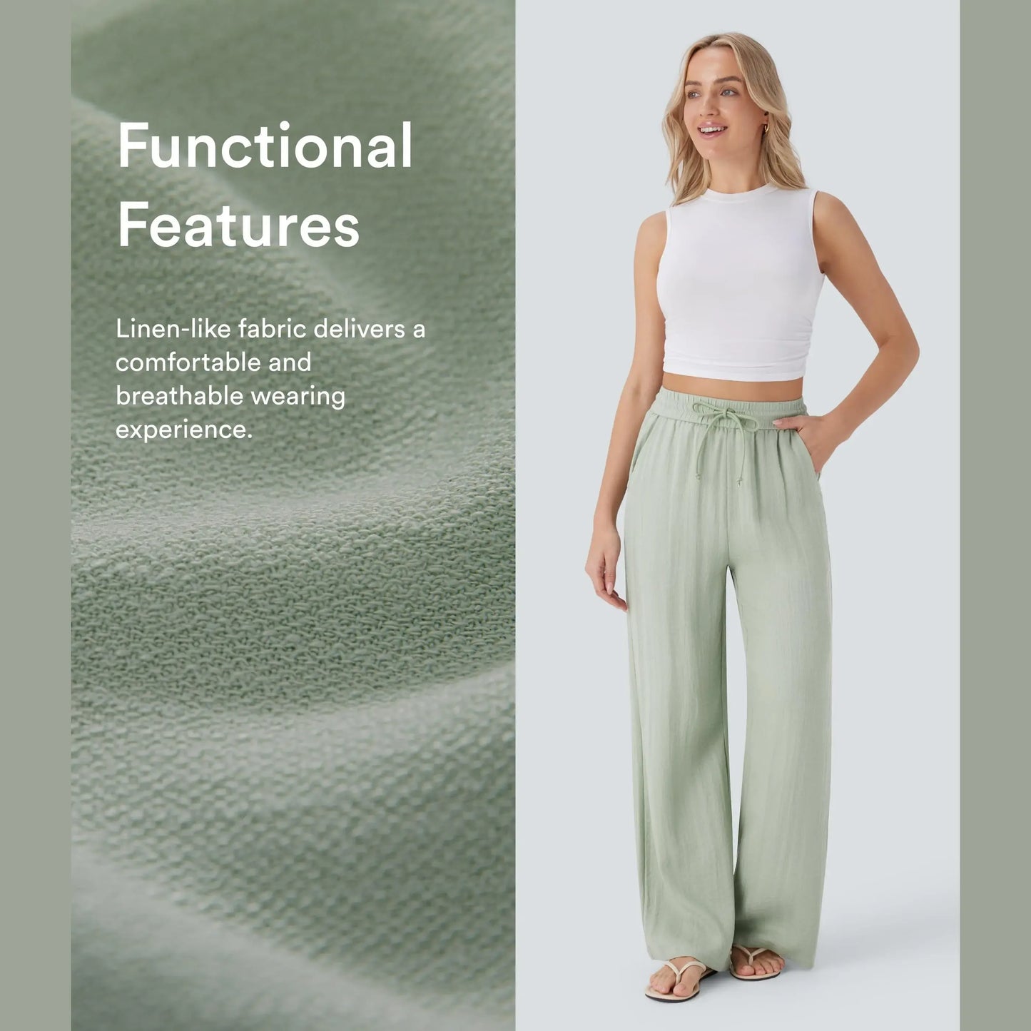 Halara High Waisted Drawstring Pocket Wide Leg Casual Linen-Feel Pants