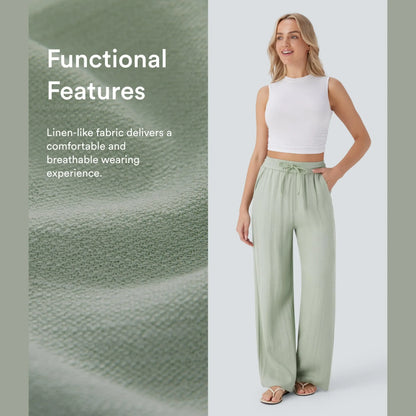 Halara High Waisted Drawstring Pocket Wide Leg Casual Linen-Feel Pants