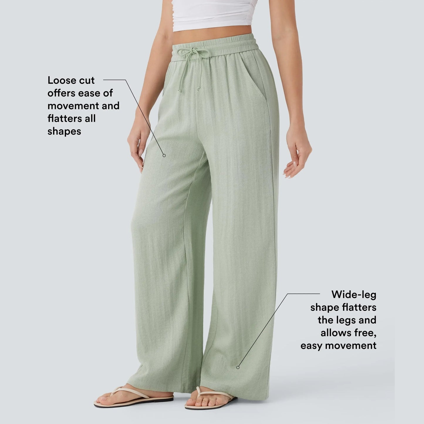 Halara High Waisted Drawstring Pocket Wide Leg Casual Linen-Feel Pants