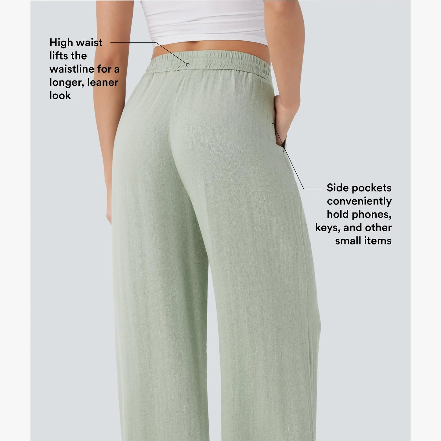 Halara High Waisted Drawstring Pocket Wide Leg Casual Linen-Feel Pants