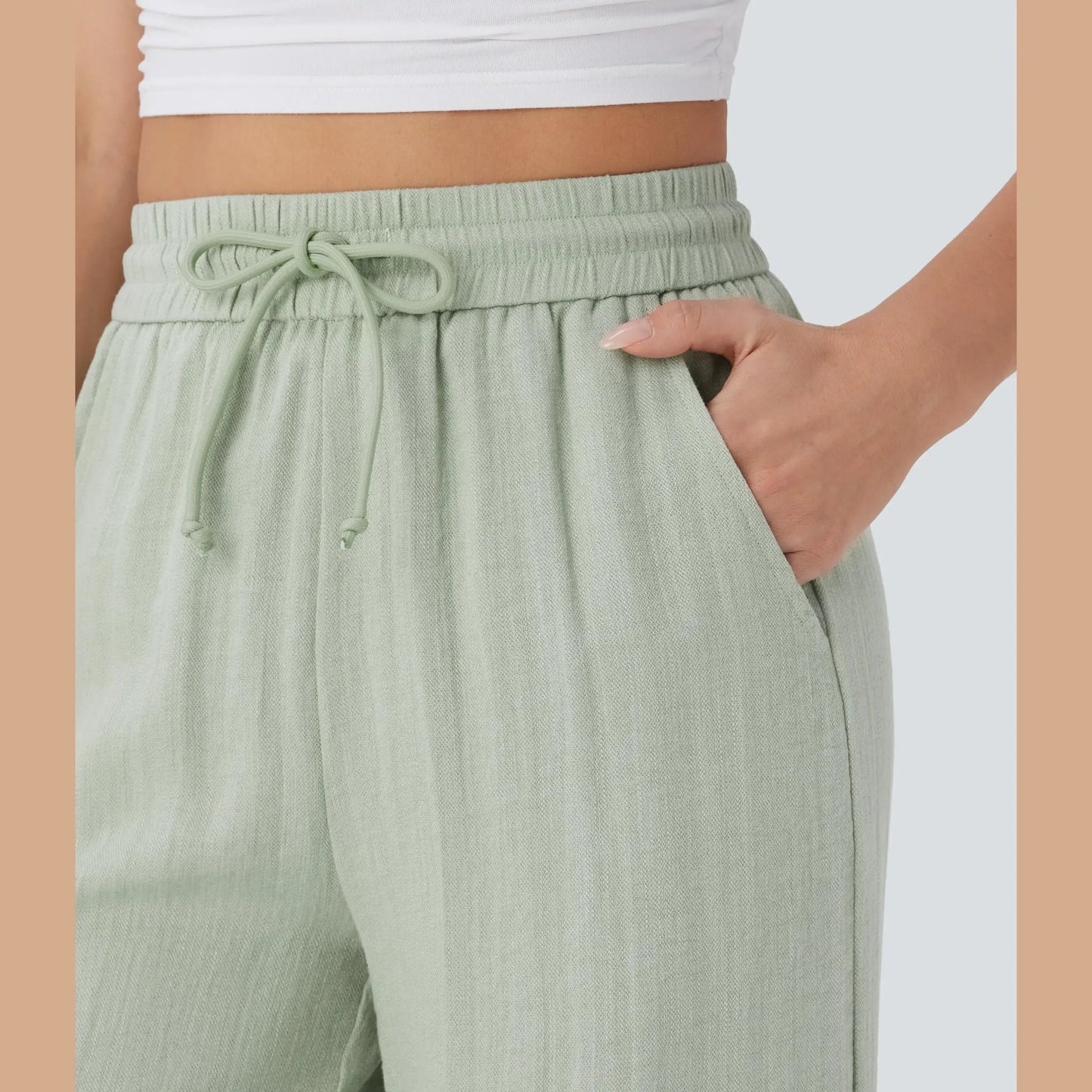 Halara High Waisted Drawstring Pocket Wide Leg Casual Linen-Feel Pants