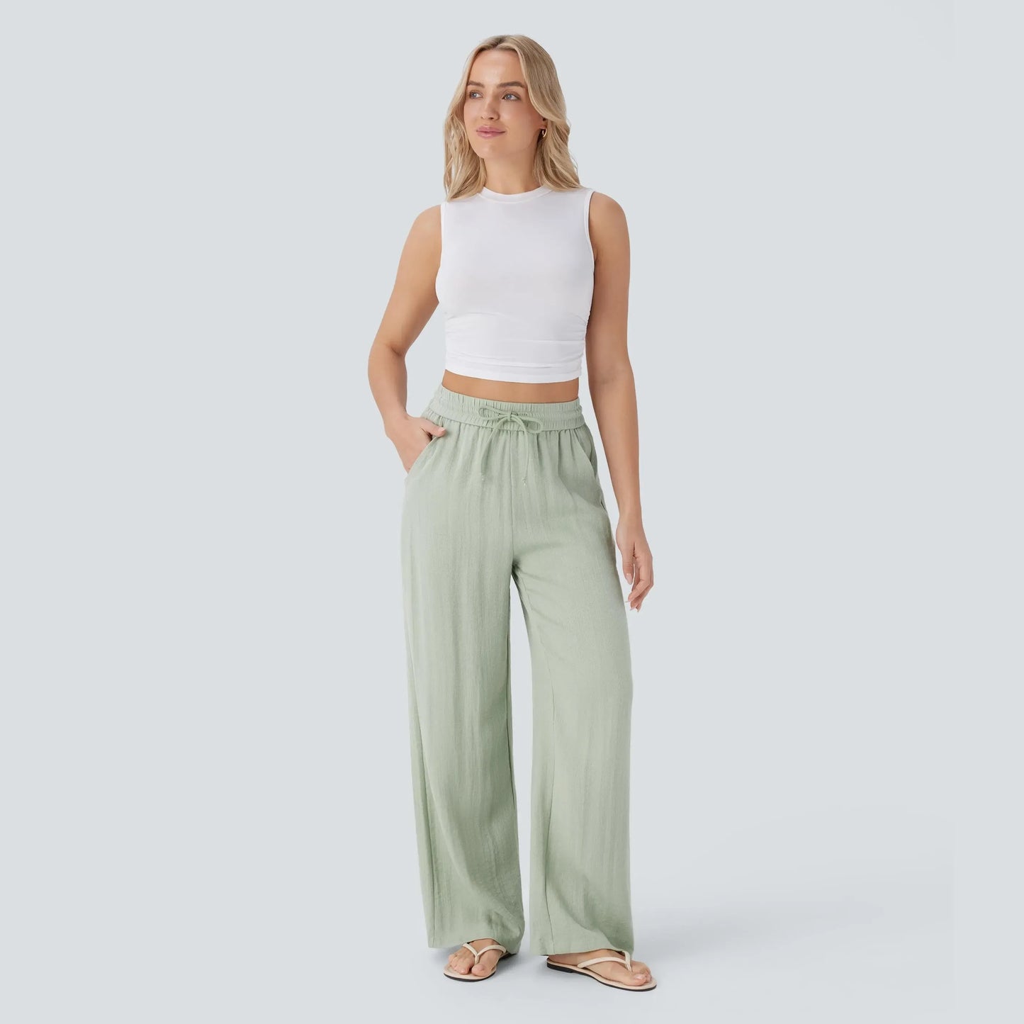 Halara High Waisted Drawstring Pocket Wide Leg Casual Linen-Feel Pants