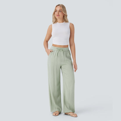 Halara High Waisted Drawstring Pocket Wide Leg Casual Linen-Feel Pants