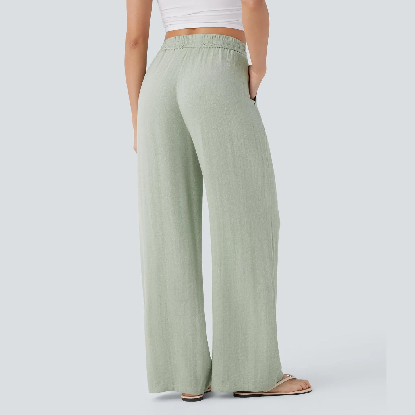 Halara High Waisted Drawstring Pocket Wide Leg Casual Linen-Feel Pants
