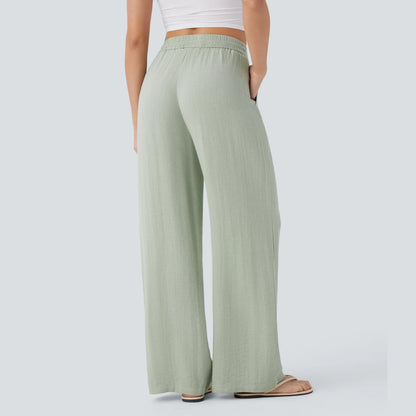 Halara High Waisted Drawstring Pocket Wide Leg Casual Linen-Feel Pants
