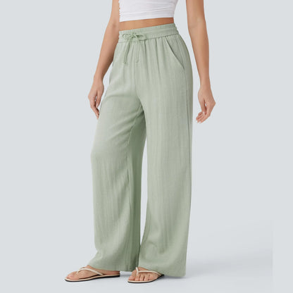 Halara High Waisted Drawstring Pocket Wide Leg Casual Linen-Feel Pants