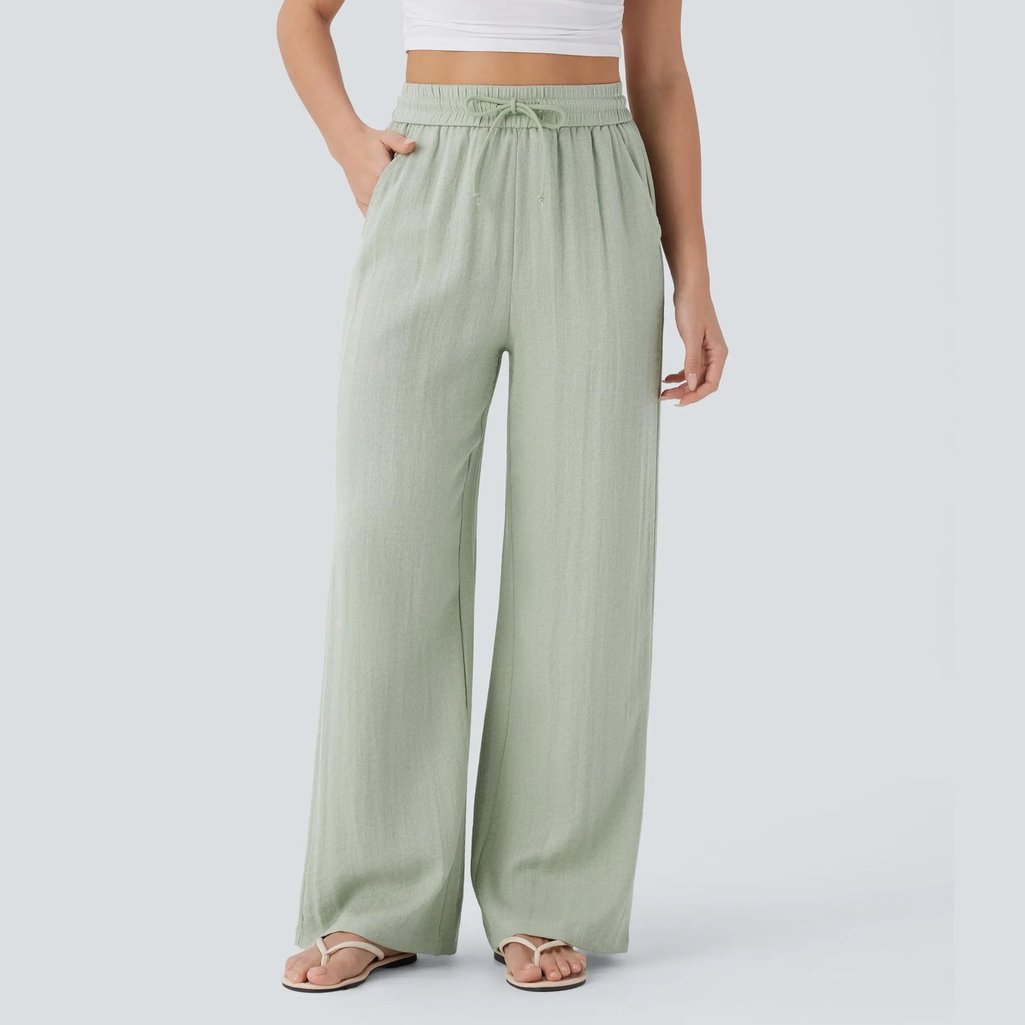 Halara High Waisted Drawstring Pocket Wide Leg Casual Linen-Feel Pants