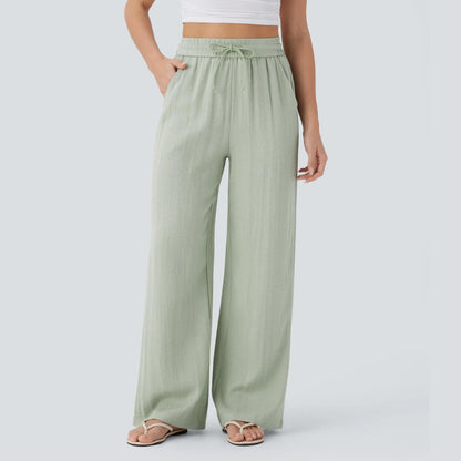 Halara High Waisted Drawstring Pocket Wide Leg Casual Linen-Feel Pants
