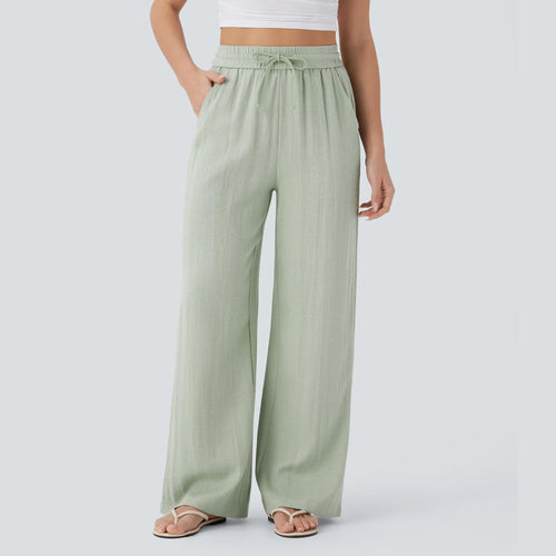 Halara High Waisted Drawstring Pocket Wide Leg Casual Linen-Feel Pants