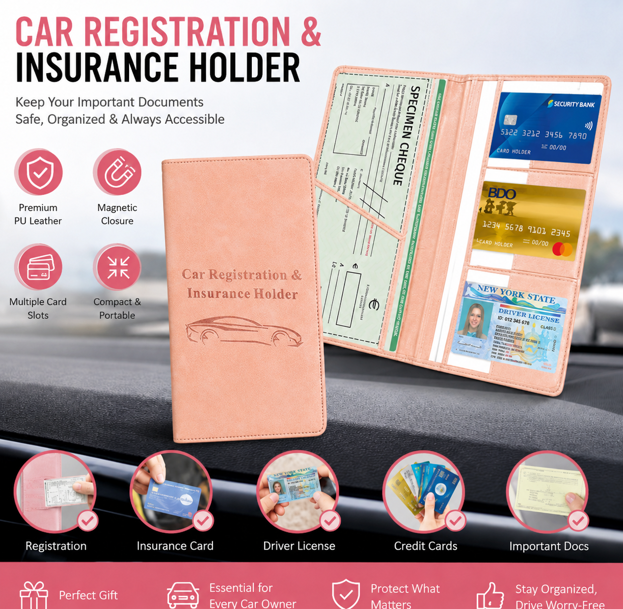 🚗 Car Registration & Insurance Document Holder | Premium PU Leather Organizer