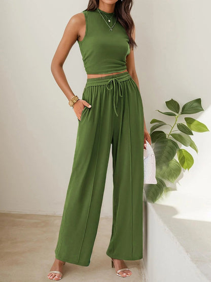 Women's Summer 2-Piece Outfits - Ribbed Knit Crew Neck Sleeveless Cropped Top & Wide Leg Pants Lounge Set.