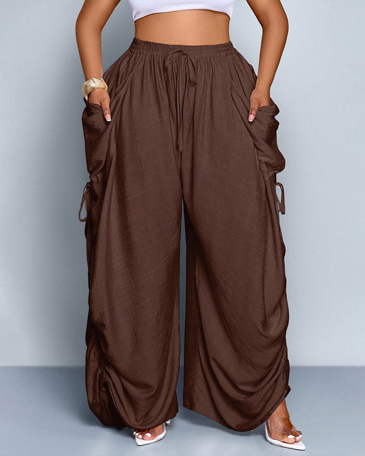 Pantalones de pernera ancha, casuales y de talla grande con ajuste holgado, lazo en la cintura y bolsillos