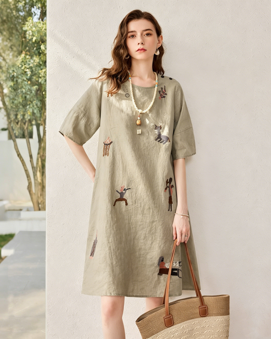 Vestido de lino bordado a mano de estilo sencillo