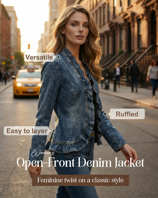 🧥 Chaqueta vaquera para mujer – Frente abierto, ribete con volantes, ligera, lavado clásico ✨