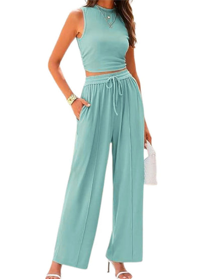 Women's Summer 2-Piece Outfits - Ribbed Knit Crew Neck Sleeveless Cropped Top & Wide Leg Pants Lounge Set.