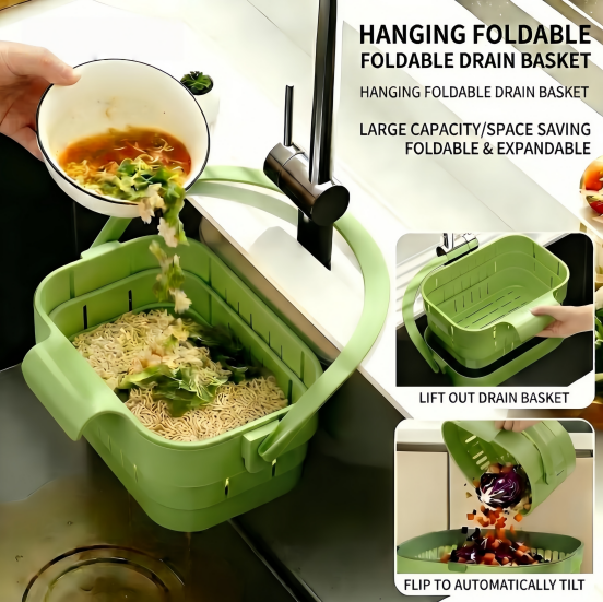 Folding hanging kitchen sink drain basket