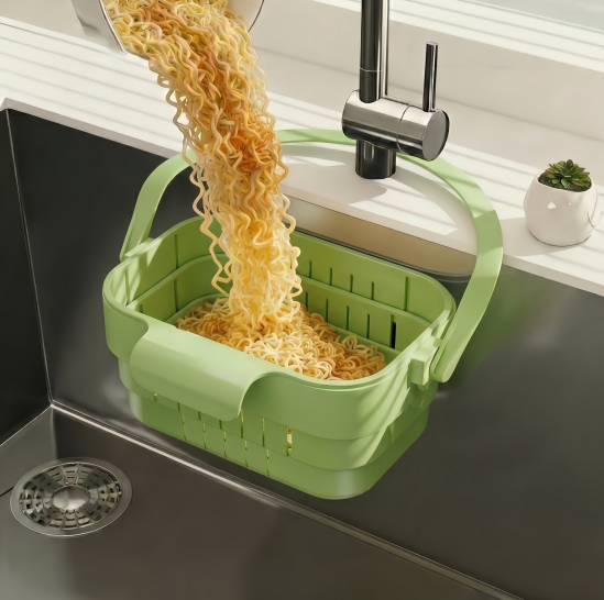 Folding hanging kitchen sink drain basket