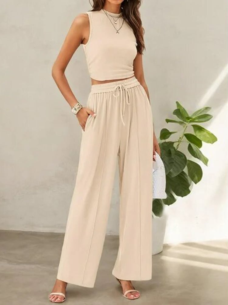 Women's Summer 2-Piece Outfits - Ribbed Knit Crew Neck Sleeveless Cropped Top & Wide Leg Pants Lounge Set.