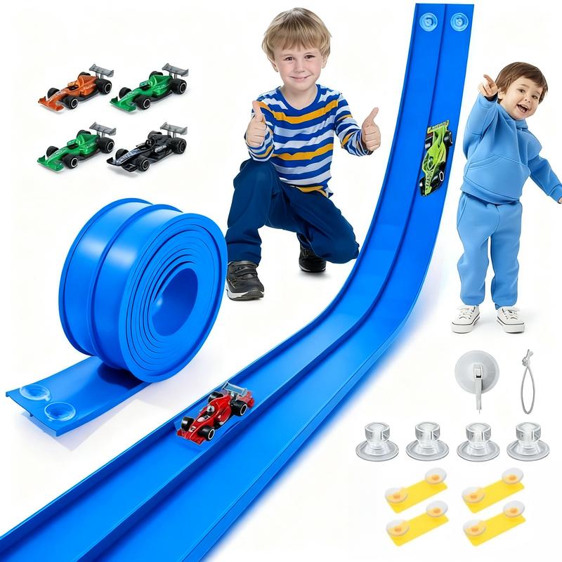 Track racing set, including mini race cars, suction cups, and hooks, perfect as a birthday and Christmas gift for kids.