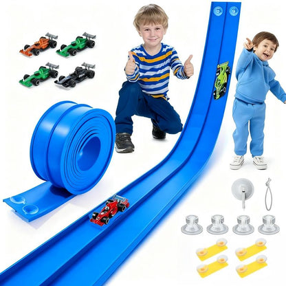 Track racing set, including mini race cars, suction cups, and hooks, perfect as a birthday and Christmas gift for kids.
