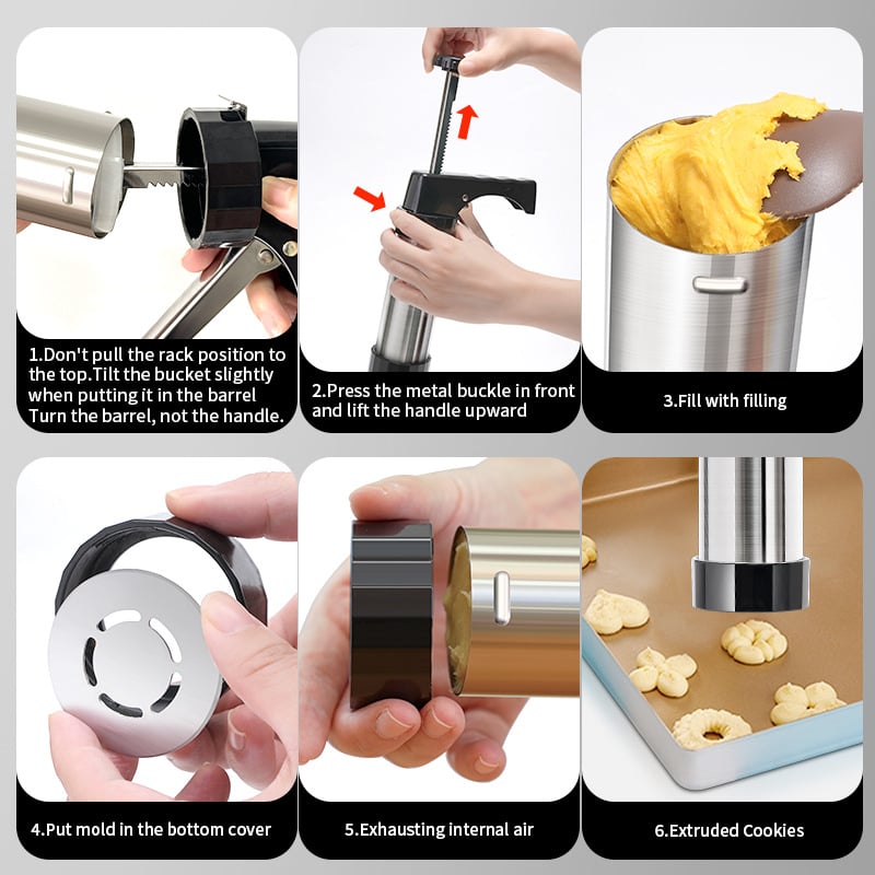 Stainless Steel Cookie Press with 13 Discs & 8 Nozzles