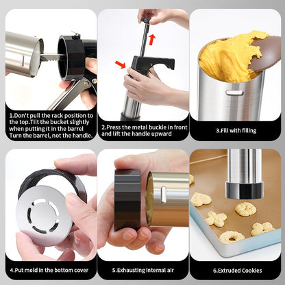 Stainless Steel Cookie Press with 13 Discs & 8 Nozzles