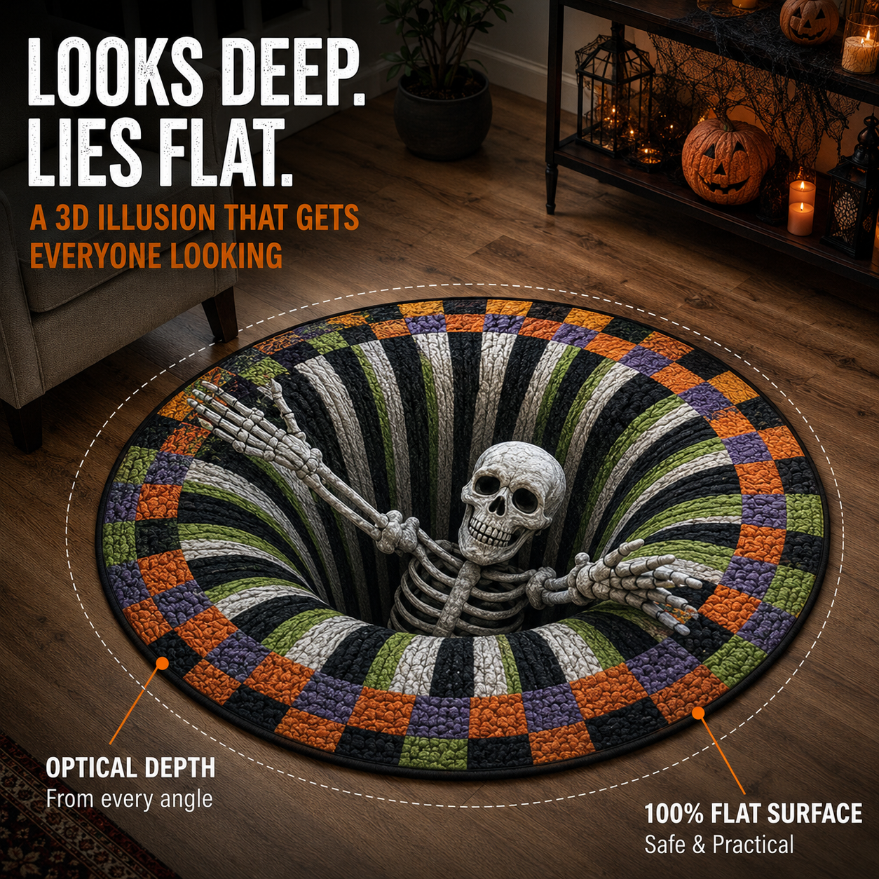💀Halloween 3D Bottomless Illusion Rug Skeleton Pit Non-Slip Crystal Velvet Mat 🎃