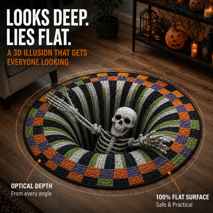 💀Halloween 3D Bottomless Illusion Rug Skeleton Pit Non-Slip Crystal Velvet Mat 🎃