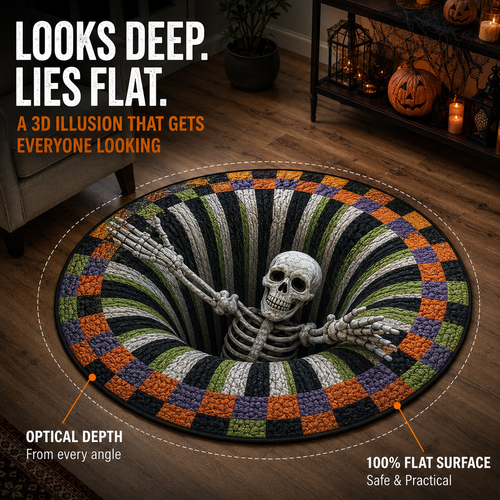💀Halloween 3D Bottomless Illusion Rug Skeleton Pit Non-Slip Crystal Velvet Mat 🎃