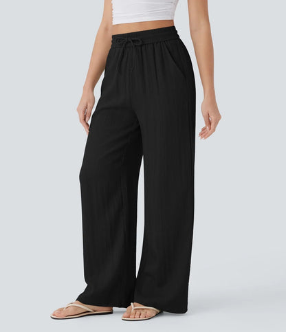 Halara High Waisted Drawstring Pocket Wide Leg Casual Linen-Feel Pants