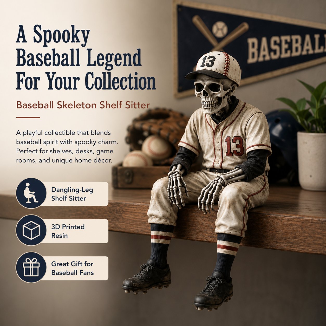 ⚾ Baseball Skeleton Shelf Sitter – Spooky Sports Decor Gift