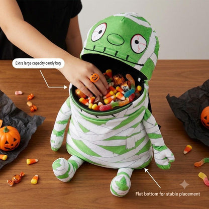 Kids Interactive Green Mummy Plush Candy Backpack | Music Playing Trick or Treat Bag